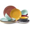 imageDOWAN Ceramic Plates and Bowls Sets 12Piece Dinnerware Sets for Christmas Decor Colorful Dish Set for 4 Porcelain Dinner Dessert Platesand Soup Bowls Set for Thanksgiving Party