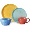 imageDOWAN Plates and Bowls Sets Ceramic Dinnerware Set Embossed 16Piece Dish Set Service for 4 Vibrant Colors Dinner Plates Dessert Plates Coffee Mugs and Cereal Bowls Set for Home Kitchen Decor