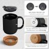imageDOWAN Coffee Mugs 15 oz Mug Set of 2 Large Ceramic Coffee Mug with Cork Bottom and Spill Proof Lid for Mom Dad Big Mug for Latte Tea Matte GreyBlack