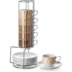 imageDOWAN Brown Porcelain Espresso Cups 12 Pcs 28 oz 85mL Stackable with Saucers and Metal Stand Perfect for Espresso Coffee Latte Cafe Mocha