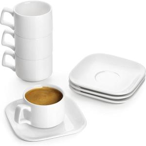 imageDOWAN Porcelain Espresso Cups with Saucers 3 oz Coffee Cup and Saucer Set White Set of 4