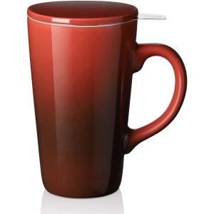 imageDOWAN Tea Mug with Infuser and Lid 17 Ounces Tea Infuser Mug Porcelain Tea Cup for Steeping Gradient Red