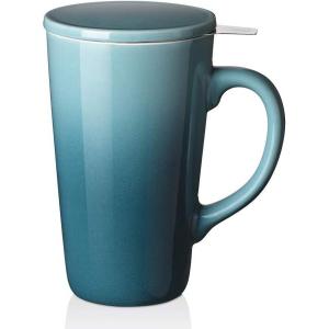 imageDOWAN Tea Mug with Infuser and Lid 17 Ounces Tea Infuser Mug Porcelain Tea Cup for Steeping Gradient Turkish Blue