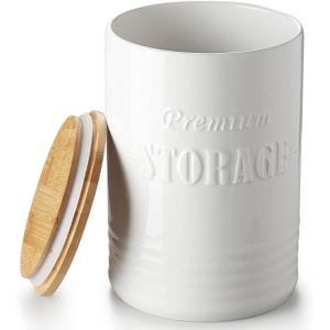 imageDowan Large Kitchen Canisters Ceramic Food Storage Jar White Coffee Container with Airtight Seal Wooden Lid for Serving Coffee Bean Flour Tea Cookies and More  71 FL OZ