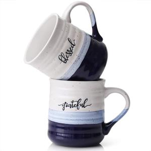 imageDOWAN 20 oz Coffee Mugs Large Mugs with Word Blessed Grateful Porcelain Coffee Cup Thank You Gifts for Mom Dad Set of 2Blue  White