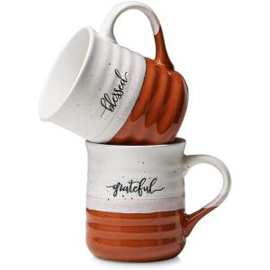 imageDOWAN 20 oz Coffee Mugs Large Mugs with Word Blessed Grateful Porcelain Coffee Cup Thank You Gifts for Mom Dad Set of 2Orange
