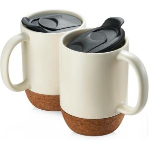 imageDOWAN Coffee Mugs Set of 2 15 OZ Ceramic Mug with Cork Bottom and Splash Proof Lid Large Coffee Cup with Handle for Tea Latte BeigeBeige