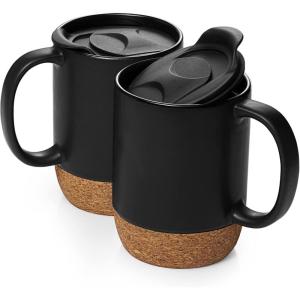 imageDOWAN Coffee Mugs Set of 2 15 OZ Ceramic Mug with Cork Bottom and Splash Proof Lid Large Coffee Cup with Handle for Tea Latte BeigeBlack