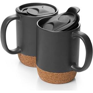 imageDOWAN Coffee Mugs Set of 2 15 OZ Ceramic Mug with Cork Bottom and Splash Proof Lid Large Coffee Cup with Handle for Tea Latte BeigeMatte Grey