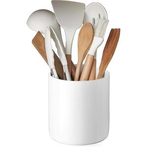 imageDOWAN Utensil Holder 65 Large Utensil Holder for Kitchen Counter Ceramic Utensil Crock with TableProtection Cork Mat Utensil Organizer Caddy for Tongs SpoonsCream White