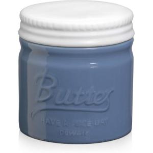 imageDOWAN Butter Crock French Butter Dish for Spreadable Soft Butter Ceramic Butter Keeper With Lid for Countertop Butter Dish With Waterline Housewarming Gift Kitchen and Home Decor WhiteBlue Airy
