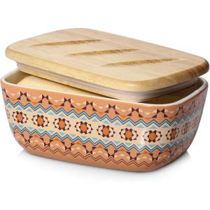 imageDOWAN Butter Dish with Lid Bohemian Style Butter Container with Wooden Lid for Counter top Porcelain Butter Dish with Cover Perfect for East West Coast Butter Refrigerator Safe Orange