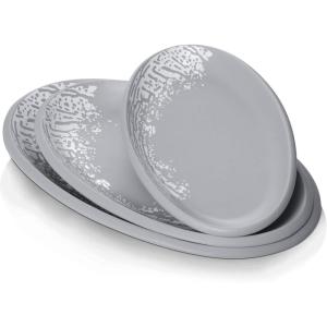 imageDOWAN Oval Serving Platters 121416quot Large Serving Plates Porcelain Platters for Party Meat Appetizer Stackable Dinner Plate Set of 3 Microwave Oven Safe Grey Matte Print Design