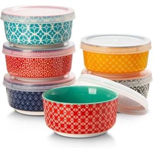 imageDOWAN Ramekins with Lids 4 oz Ceramic Dipping Bowls with Lids Small Oven Safe Baking Cups For Personal Creme Brulee Souffle Custard Ice Cream Dipping Sauce Bowls Set of 6 Vintage BlueVibrant Colors