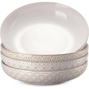 imageDOWAN 975quot Pasta Bowls Set of 4 with Embossed Reactive Glaze 56oz Large Shallow White Ceramic Salad Bowls Wide Dinner Bowls for Pasta Soup ampamp Stew Microwave ampamp Dishwasher Safe Housewarming Gift85 Pasta Bowls Set of 4