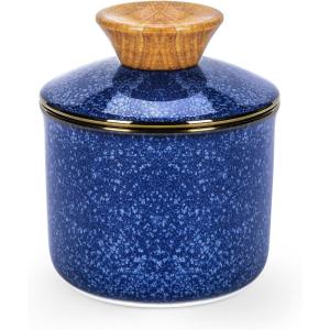 imageDOWAN French Butter Crock for Countertop Ceramic Butter Dish with Waterline Porcelain Butter Container for Spreadable Soft Butter French Butter Dish with LidBlue