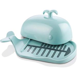imageDOWAN Porcelain Butter Dish With Cutting Measuring Line Large Whale Butter Dish with Cover of Nonslip Design Ceramic Butter Dishes with Handle for EastWest Coast Butter WhiteTurquoise