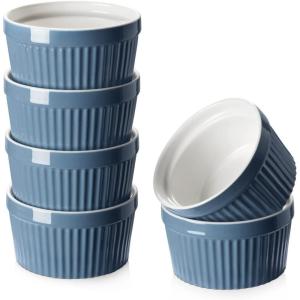 imageDOWAN Ramekins 4 oz Oven Safe for Creme Brulee Souffle Porcelain Custard Cups Ramiken for Baking Classic Style Ramekins Bowls Set of 6 WhiteAiry Blue