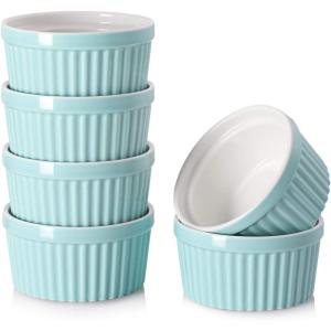 imageDOWAN Ramekins 4 oz Oven Safe for Creme Brulee Souffle Porcelain Custard Cups Ramiken for Baking Classic Style Ramekins Bowls Set of 6 WhiteBlue