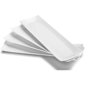 imageDOWAN 14quot Sushi Plate Set of 4  Long Rectangle Plates and Cracker Trays for Serving  White Ceramic Platters for Party and Entertaining  Dishwasher ampamp Oven Safe