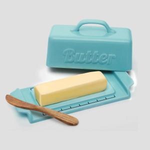 imageDOWAN Butter Dish with Lid and Knife Butter Dish with Cutting Measurements and Humanized Knife Handle for East West Coast Butter Ceramic Butter Dish with Lid for Countertop Wedding Gifts TurquoiseBlue