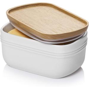 imageDOWAN Ceramic Butter Dish Extra Large Butter Keeper for Countertop or Fridge Airtight Butter Container with Wooden Lid Farmhouse Kitchen Decor and Accessories Freezer Safe WhiteWhite