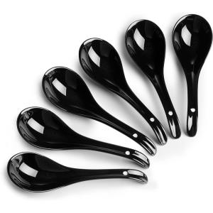imageDOWAN Soup Spoons Set of 6 Ceramic Chinese Soup Spoon Asian Soup Spoons White Japanese Spoon Large for Ramen Pho Wonton Dumpling Miso Deep Oval Hook DesignBlack