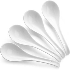 imageDOWAN Soup Spoons Set of 6 Ceramic Chinese Soup Spoon Asian Soup Spoons White Japanese Spoon Large for Ramen Pho Wonton Dumpling Miso Deep Oval Hook DesignWhite